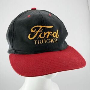 Vintage Ford Trucks Snapback Trucker Hat Black Red Gold Script Embroidery K